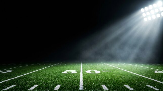 Football field illuminated by stadium lights with copy space on dark background. Dramatic American Football Field at Night with Bright Stadium Floodlights and Large Dark Copy Space