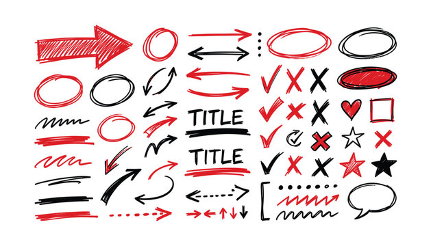 Red and black hand drawn arrows circles crosses checkmarks and shapes on transparent background vector elements.