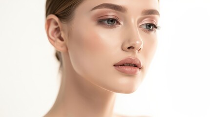 Fototapeta premium A close-up portrait of a young woman, showcasing her natural beauty with soft makeup and a calm expression against a neutral background.