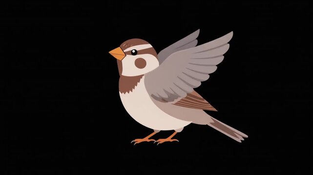 Sparrow flapping wings, animation, vector flat design, black background. common city bird.