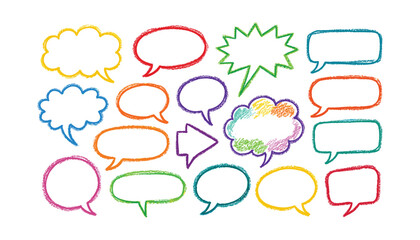 Fototapeta premium Hand-drawn chalk speech bubbles in various shapes on a transparent vector background.