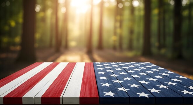 American flag wooden table surface with forest background