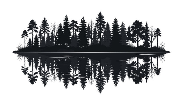 Dark forest landscape silhouette, reflection in water, pine trees and nature scene on transparent background, vector art.