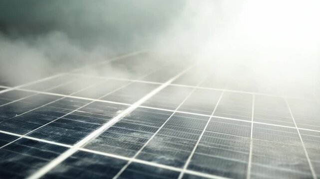 Renewable Energy Under Cloudy Skies: A close-up perspective showcases a solar panel array partially veiled by mist or fog, representing sustainable power generation amid atmospheric conditions.