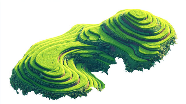 3D isometric rendering of lush green terraced fields and hillside agriculture with agriculture, hillside
