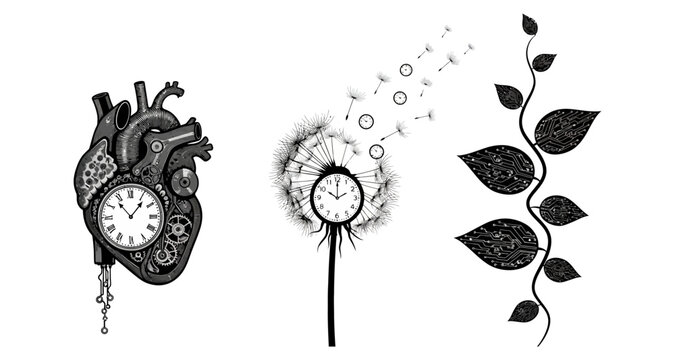 Steampunk heart with clock, dandelion clock and leafy vine