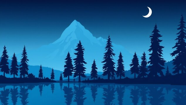 Stylized mountain landscape with pine trees and lake