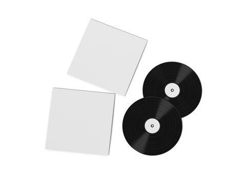 Top view mockup of two black vinyl records with two blank white paper sleeves