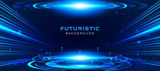 Futuristic technology digital background with blue light glowing circles and speed motion lines. Cyberpunk neon scientific hud interface design for cyberspace stage and high tech innovation concept. © StudioPixel2