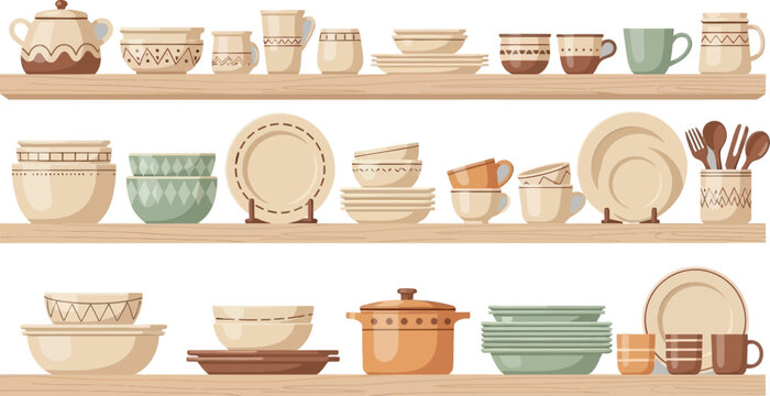 Organized kitchenware set on wooden shelves Vector