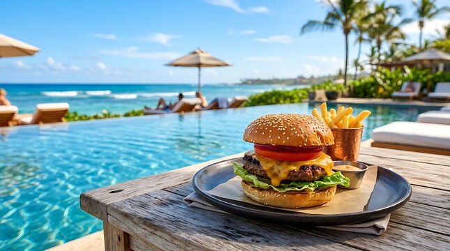 Gourmet Cheeseburger and Fries on Wooden Table with Luxury Tropical Pool and Ocean View Background