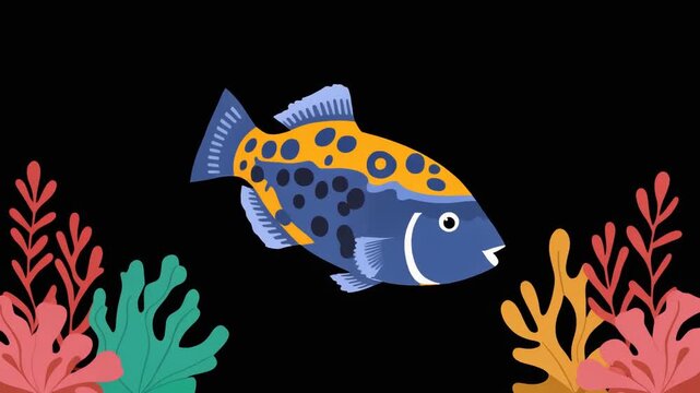 Triggerfish swimming slowly, animation, vector flat design