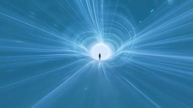 Man Walks Through Blue Wormhole Tunnel Animation