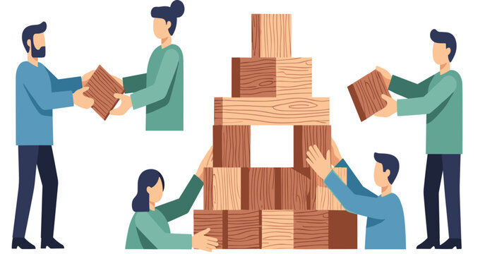 Business knowledge sharing teamwork concept with block transfer collaboration flat vector illustration