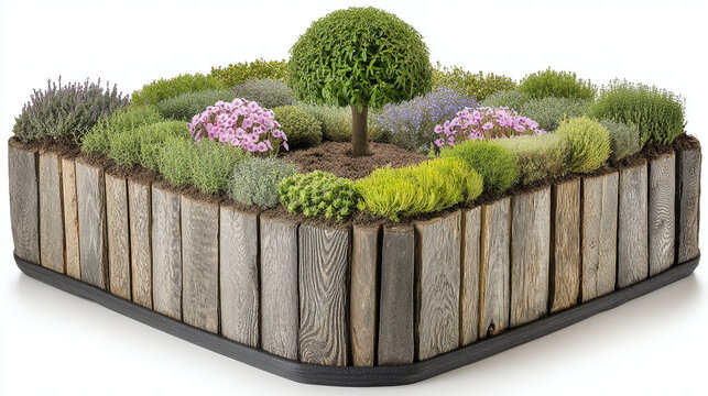 Raised square garden bed with various plants, purple flowers, and a central spherical topiary tree