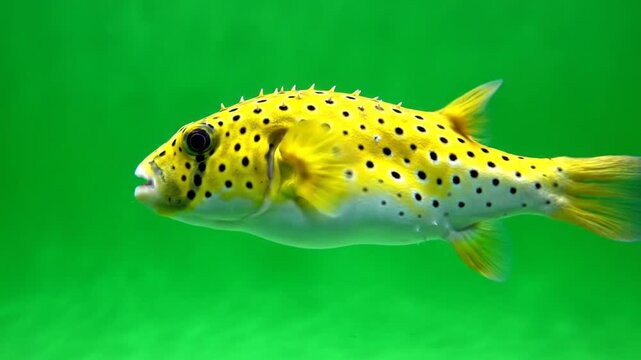 Bright yellow boxfish with black spots swims on a green background