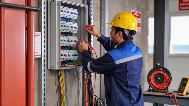 electrician at work,
Electrician testing wall-mounted breaker panel.
Technician using orange insulated screwdriver.
Professional wearing yellow safety hardhat.
Digital multimeter measuring 