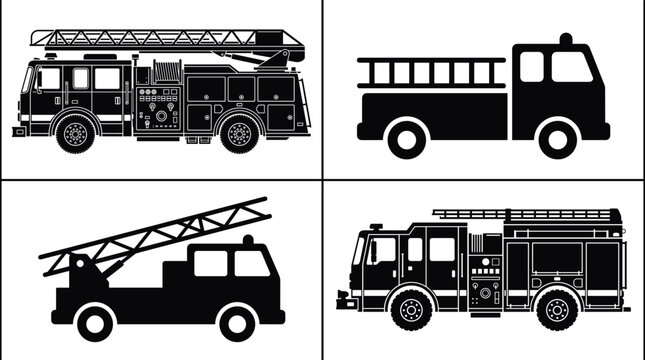 Fire truck ladder engine and rescue vehicle silhouettes emergency service vector illustration collection set