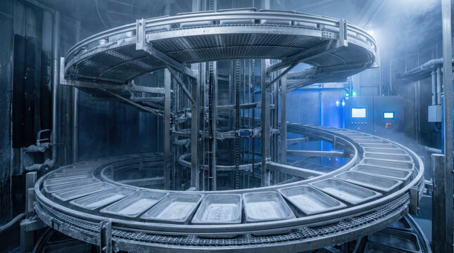 Industrial spiral freezer conveyor system in a food processing plant