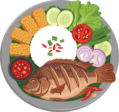 Grilled tilapia Indonesian nila bakar with rice tempeh vegetables and chili sauce flat vector illustration
