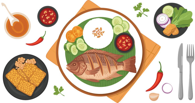 Indonesian food scene with grilled tilapia nila bakar rice tempeh and vegetables flat vector illustration