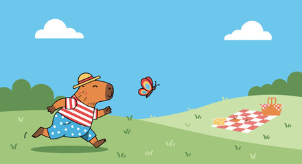 Naklejka premium cute capybara chasing butterfly in park summer nature illustration