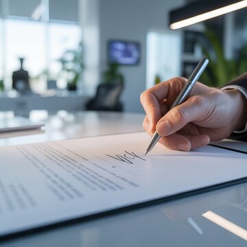 Professional business signature on contract document for legal agreement concept.