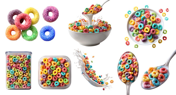 Set of colorful fruit flavored cereal loops rings breakfast snack, bowl spoon with milk, airtight container, yogurt milk splash, fly stack pile cluster, transparent cutout PNG mockup