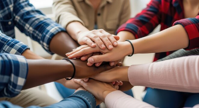 Diverse group of people stacking their hands together in a sign of unity.