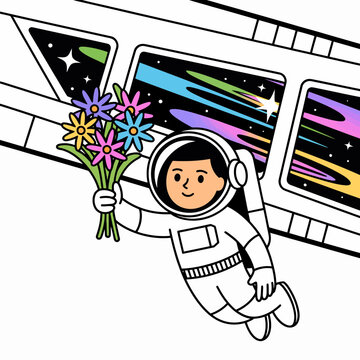 Friendly astronaut floating in outer space holding a colorful bouquet of flowers near a futuristic spaceship window with vibrant nebula clouds in a fun cartoon art style