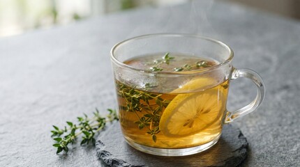Fototapeta premium Glass Cup of Hot Herbal Tea with Fresh Thyme and Lemon Slice