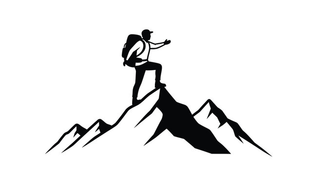 hiker reaching mountain peak silhouette on transparent background