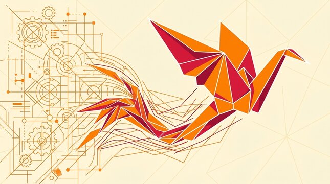 Conceptual vector illustration of an orange origami bird emerging from technical engineering blueprints and mechanical gear drawings
