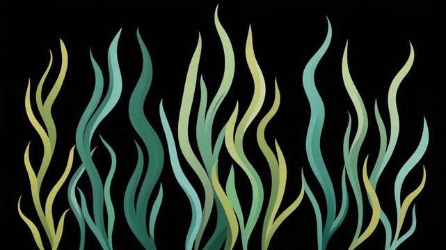 Waving seaweed strands, vector flat design, black background