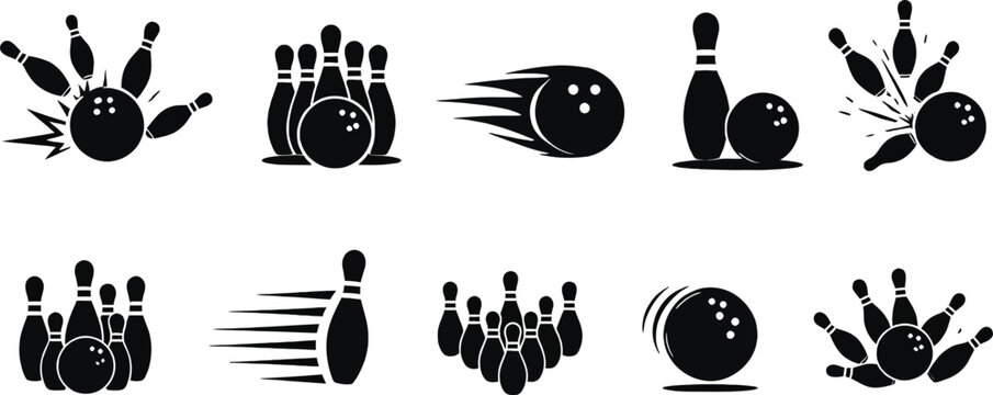 Bowling Icon Set Featuring Pins and Balls Representing the Classic Sport with Striking Dynamic Designs in Black and White