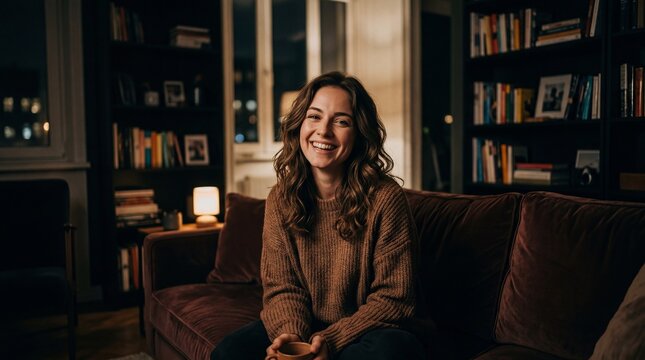 Happy Young Woman Smiling on Sofa in Cozy Home