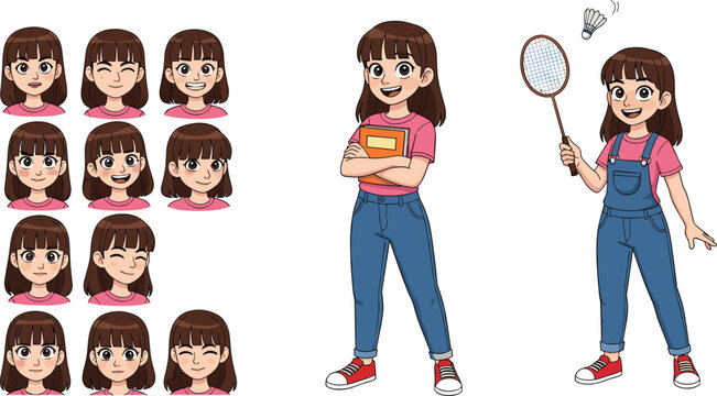 Cute school girl character set with facial expressions poses and badminton activity cartoon vector illustration