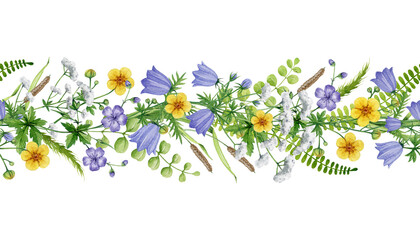 Floral border clipart png with wildflowers meadow plants and leaves isolated for wedding invitation design, greeting cards, packaging, stationery and spring seasonal layouts watercolor illustration © anitapol