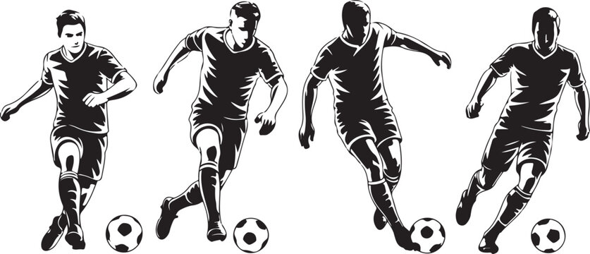 Soccer players dribbling ball in action sequence
