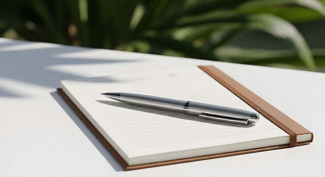 A silver pen on top of a brown leather notebook on a white table outdoors with green plants