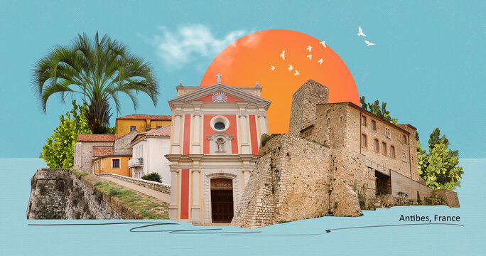 Antibes, France - picturesque street of shops and apartments in Antibes, France, on the south coastal Cote d'Azur along the Mediterranean Sea - art collage