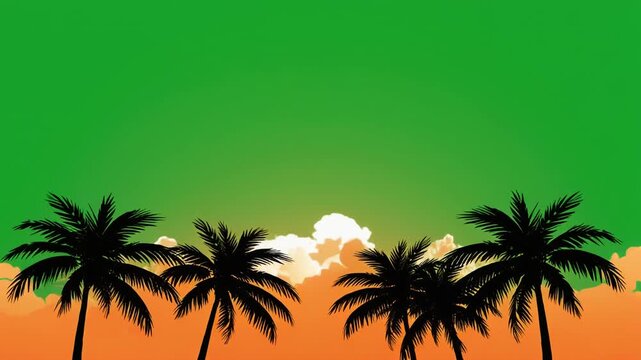 Cinematic sunset over tropical beach with silhouetted palm trees, vibrant orange and green gradient sky, abstract animation symbolizing relaxation, vacation