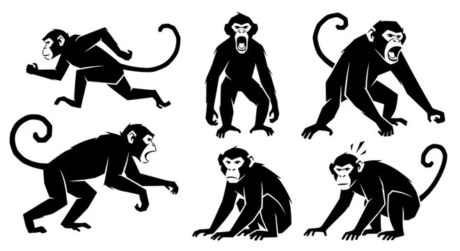 Set of Black Monkey Silhouettes in Various Poses