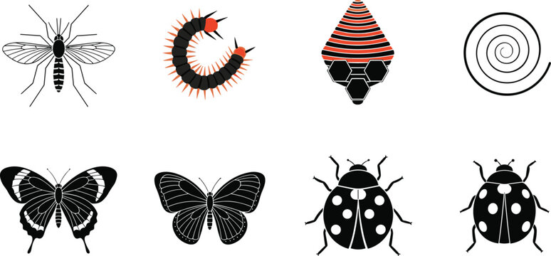 Insect icons and silhouettes set with butterfly ladybug mosquito centipede and abstract bug symbols isolated vector collection