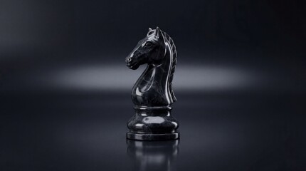 Fototapeta premium Single Black Marble Chess Knight Piece on Dark Background