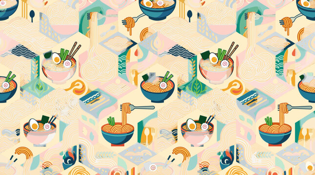 Colorful seamless pattern with traditional asian bowls