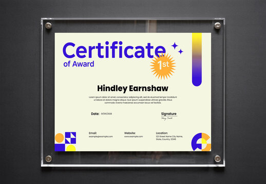 Realistic Wall Mounted Certificate Presentation Mockup