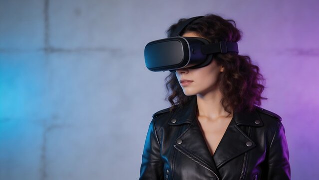 Woman wearing VR headset in leather jacket