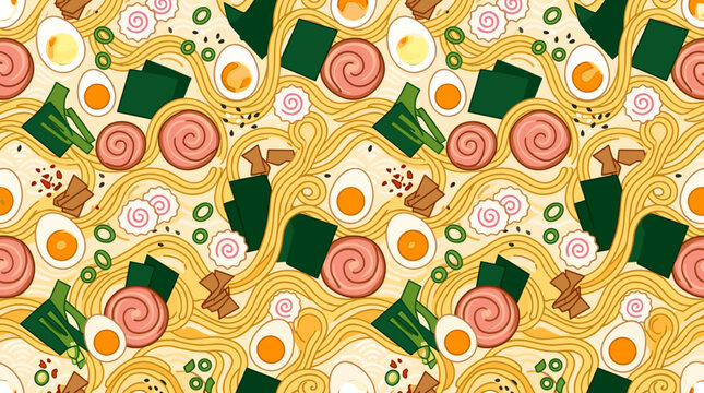 Pattern of colorful pasta and ingredients on table