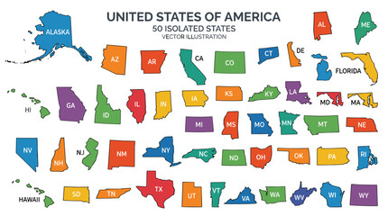 Fototapeta premium Colorful illustrated map of the united states with state labels